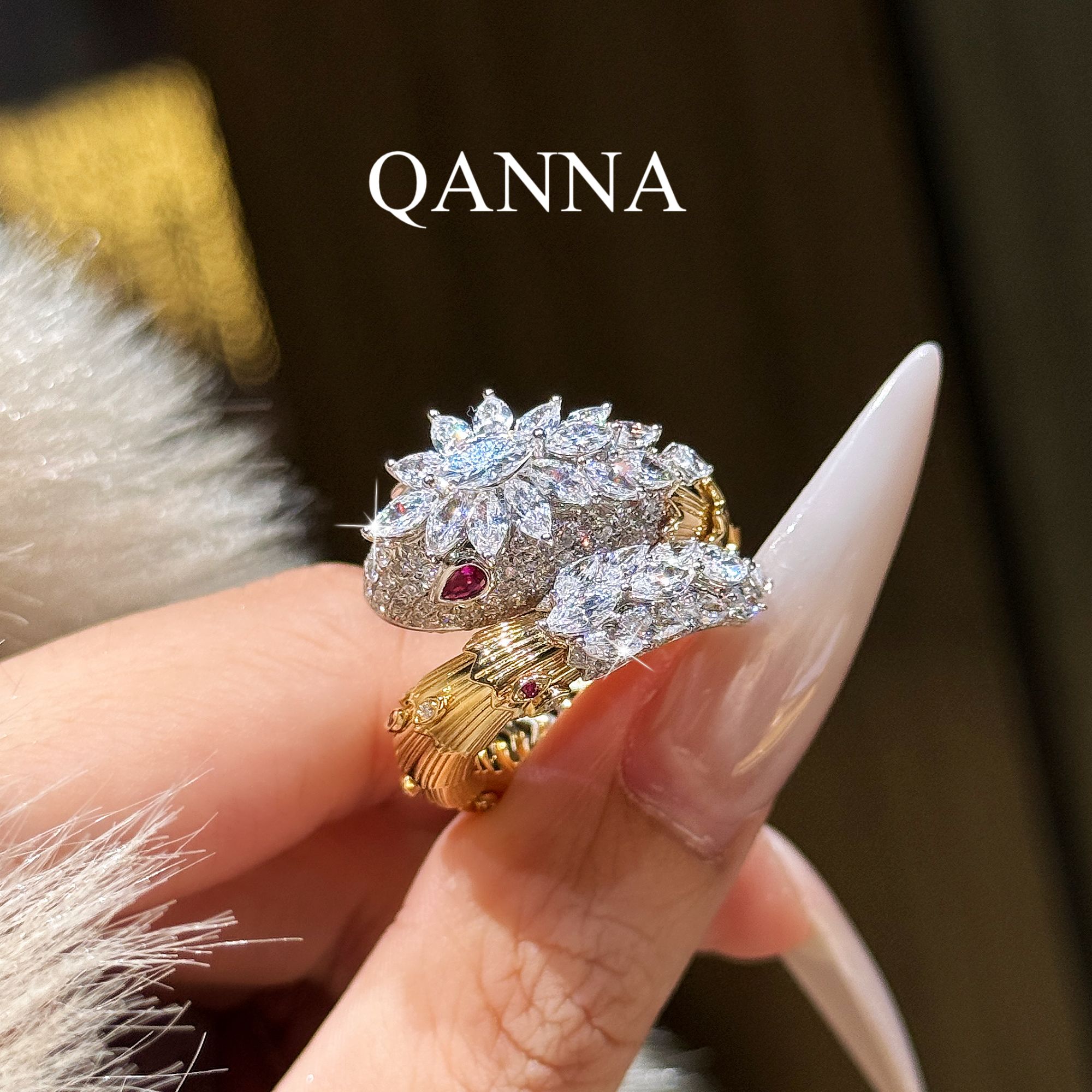 QANNA【爆炸蛇戒】【超大号宽版】18K金灵蛇豪华满钻钻石戒指AY
