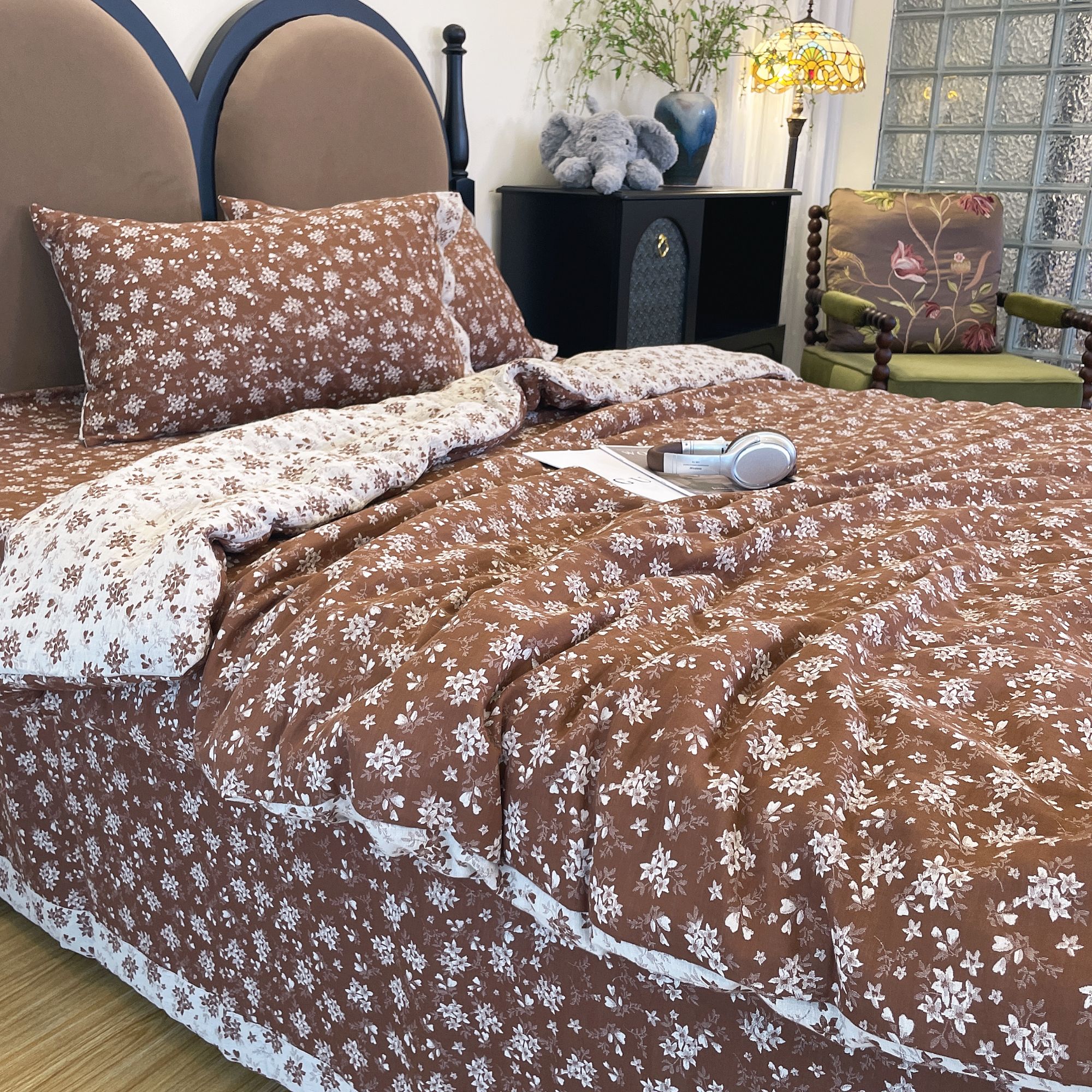 【雅趣】花涧 双层纱纽扣宽包边全棉 中古风色织棉纱四件套