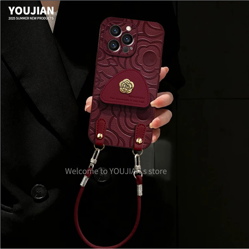 网红山茶花创意支架适用苹果16promax防摔手机壳华为mate70pro女