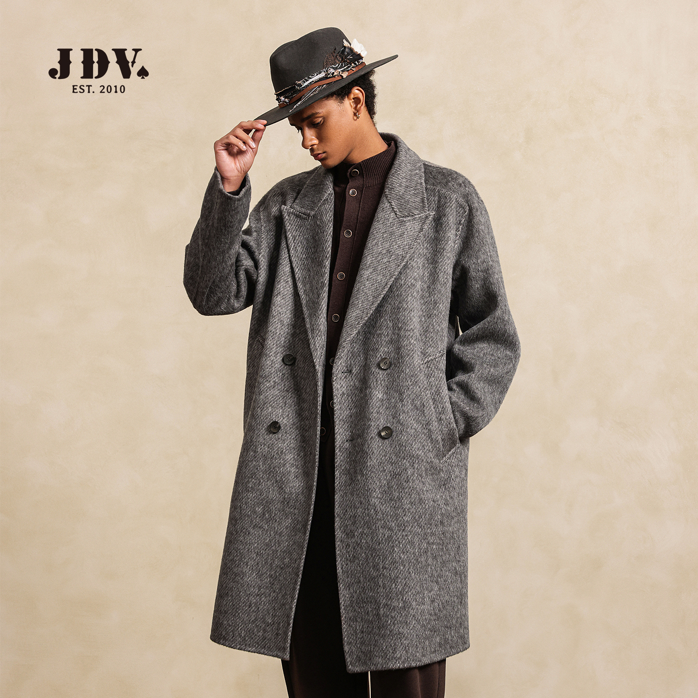 J.D.V秋季新款商场同款男士翻领纯色中长款毛呢大衣WCO5318