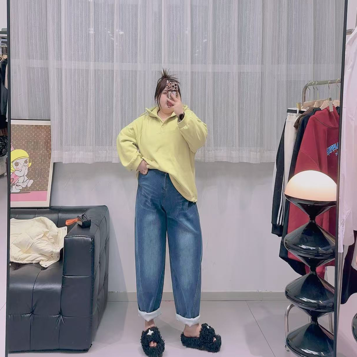 W阿薇-做旧牛仔加厚绒老爹裤 