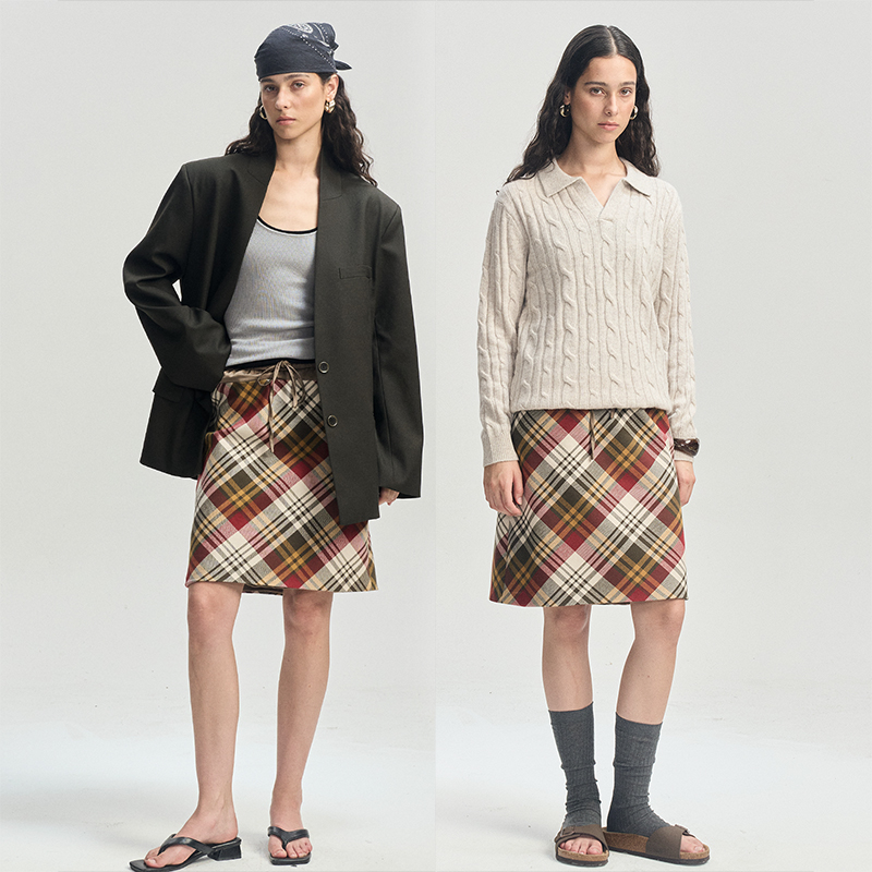 LEONSENSE力上司 英伦格纹A字半裙 橄榄绿色拼接撞色复古休闲女装
