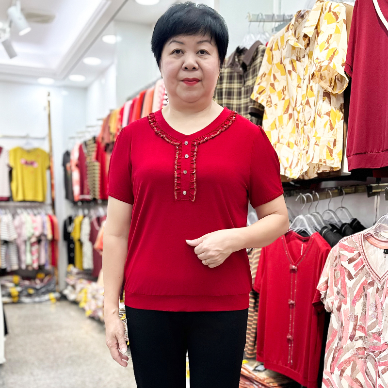 时尚减龄妈妈装短袖T恤中年女士洋气喜婆婆小衫大码弹力上衣薄