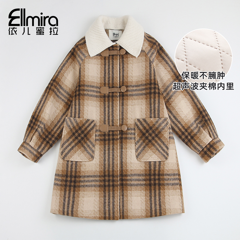 8856女童格子呢大衣冬装毛呢外套翻领夹棉中长款2024新款洋气学院