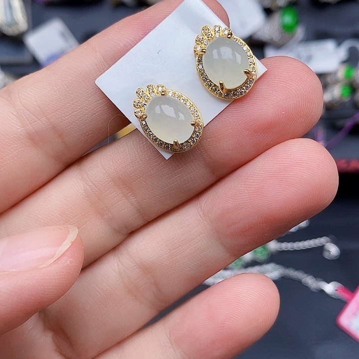 翡翠银S925镶嵌耳饰缅甸翡翠