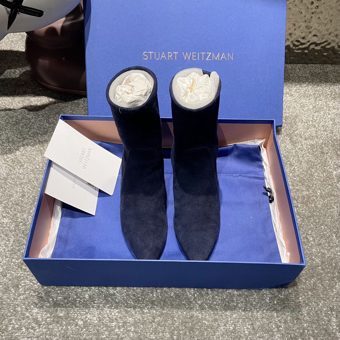 99新 StuartWeitzman SW藏蓝色绒面中筒高跟靴/鞋码36.5