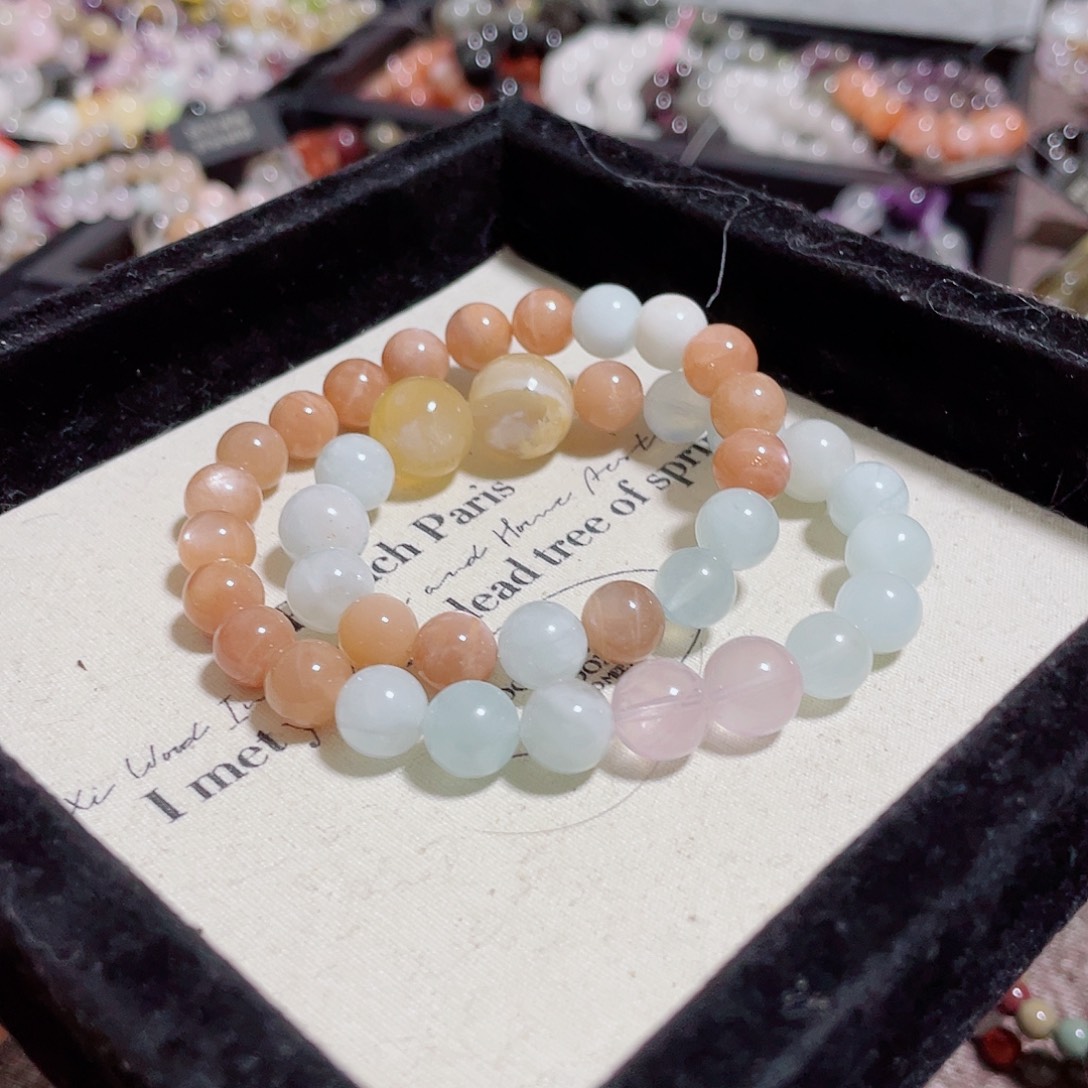 水晶手链未镶嵌橙月光海蓝宝双圈