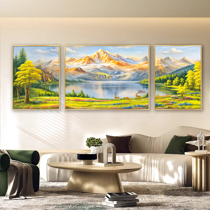 轻奢山水发财聚宝盆客厅墙壁装饰画好寓意仿油画风客厅背景墙挂画