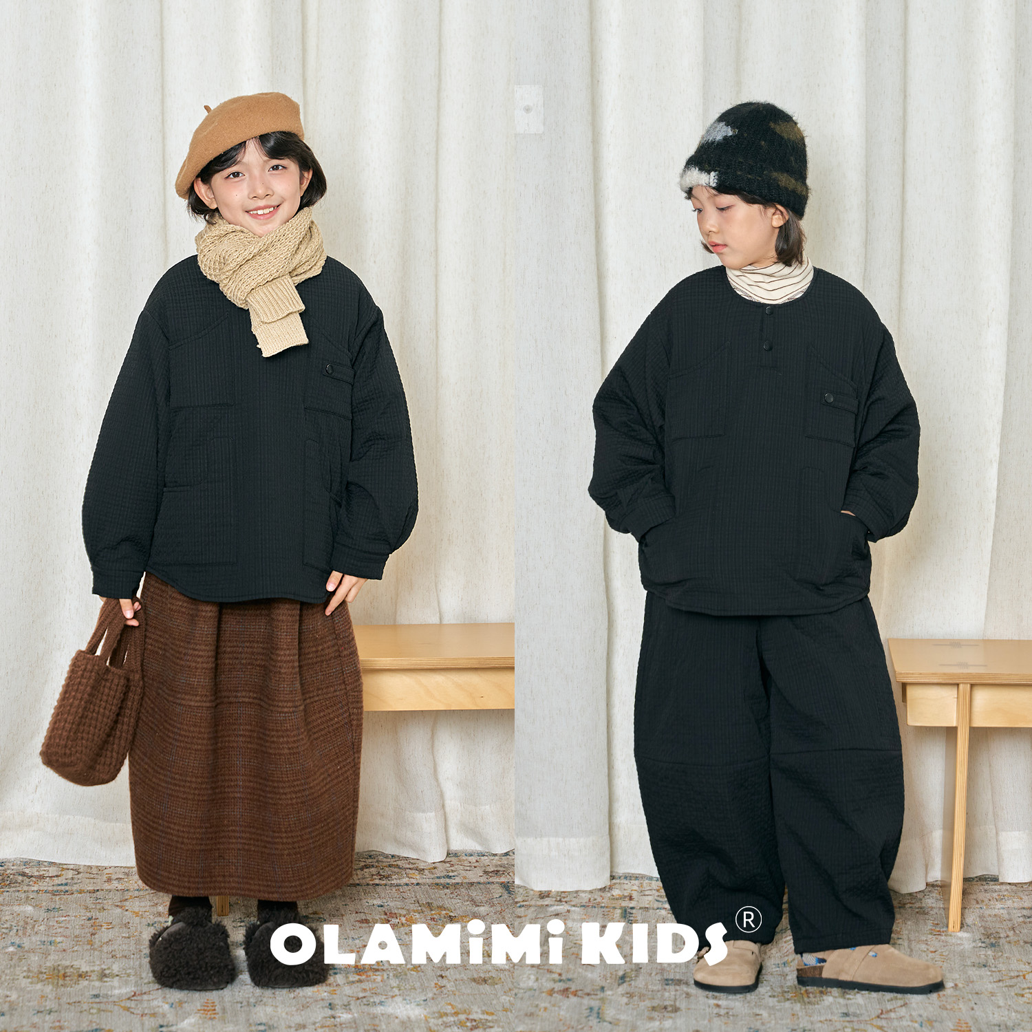 OLAMIMI儿童亲子2025冬伦布朗黑休闲保暖圆领肌理纹夹棉套头外套