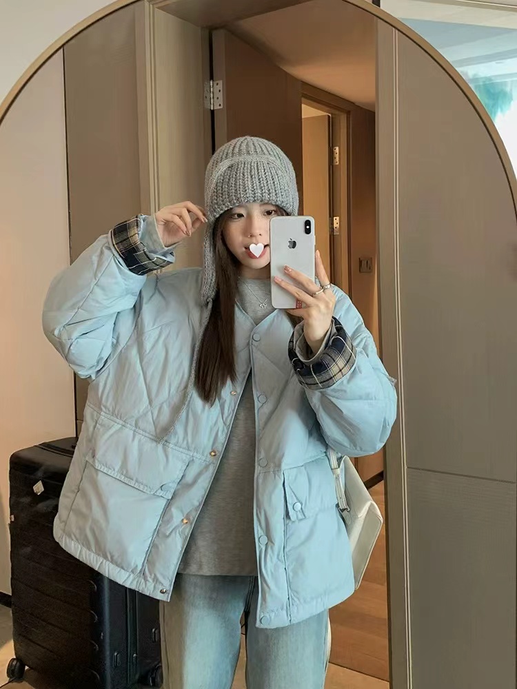 韩系宽松圆领轻薄款菱格小个子棉服女款保暖外套百搭休闲设计感