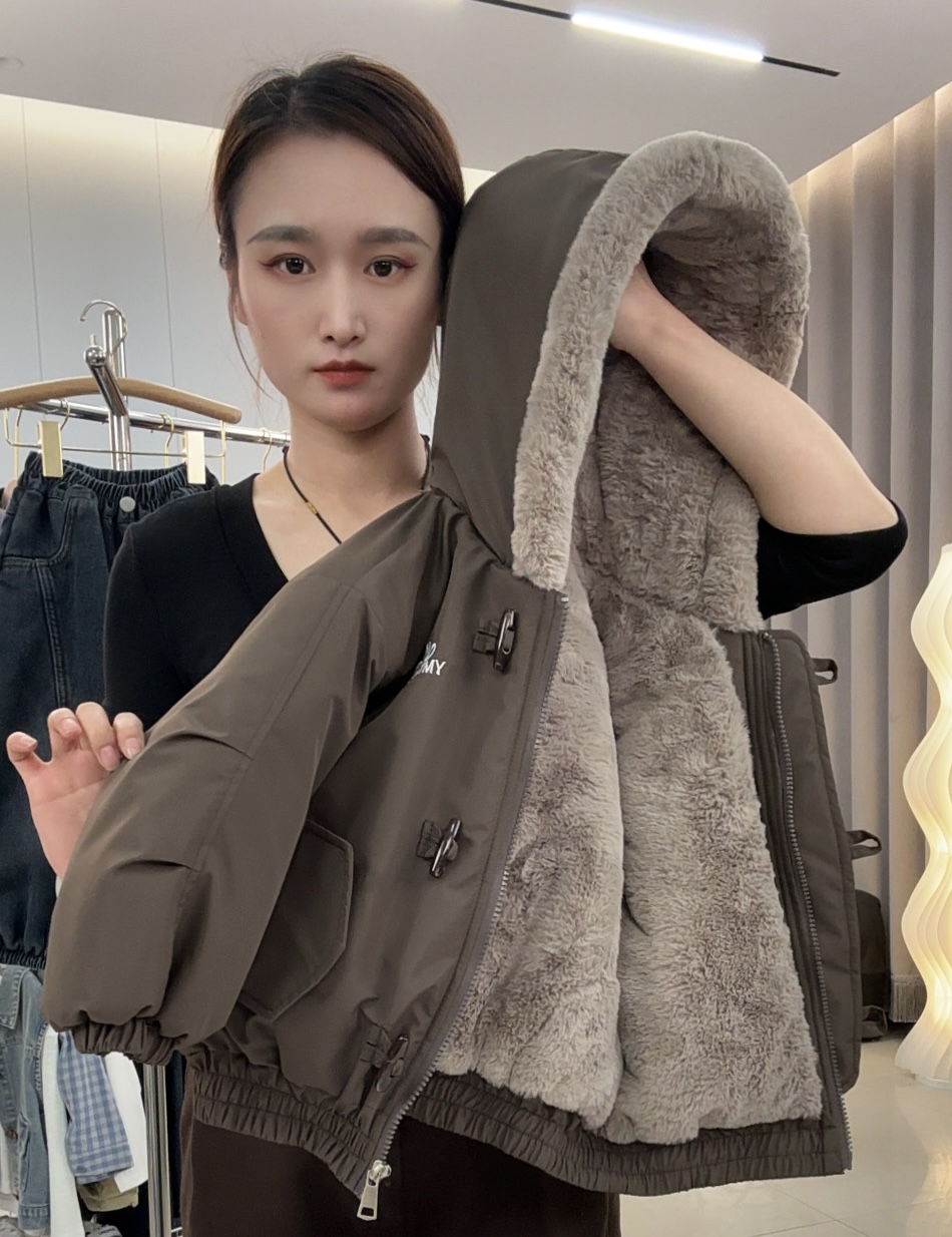 儿童冬装韩范兔毛加绒加厚舒适保暖连帽开衫棉服外套帅气棉衣 