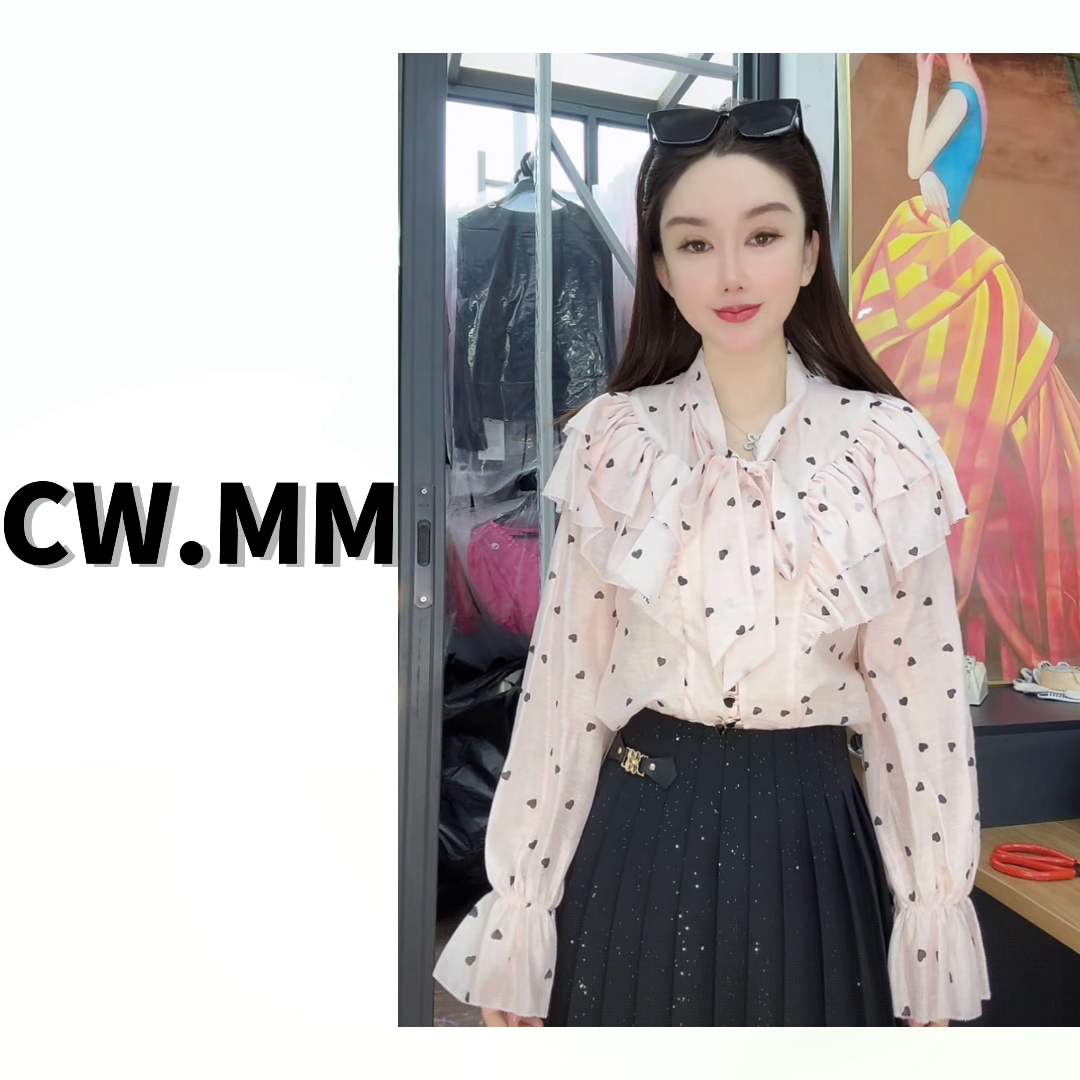 CW.MM 设计感洋气爱心波点飘带荷叶领上衣