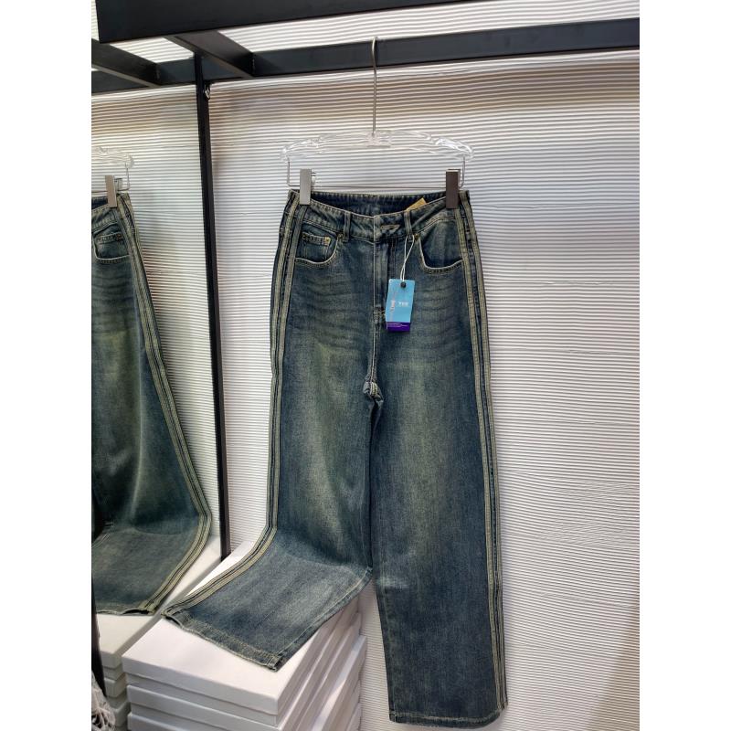 25269#南油高端条纹做旧水洗宽松直筒牛仔裤