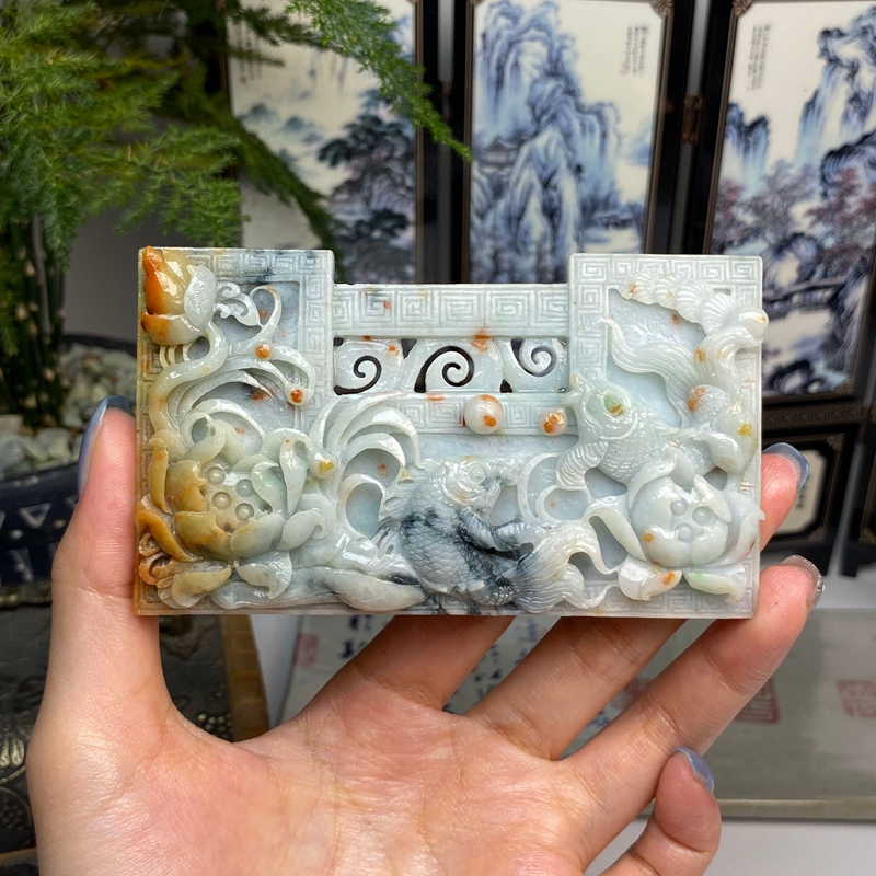 毛货  老料洒金黄翡飘花莲年有余年年有余玉横挂件 天然翡翠A货