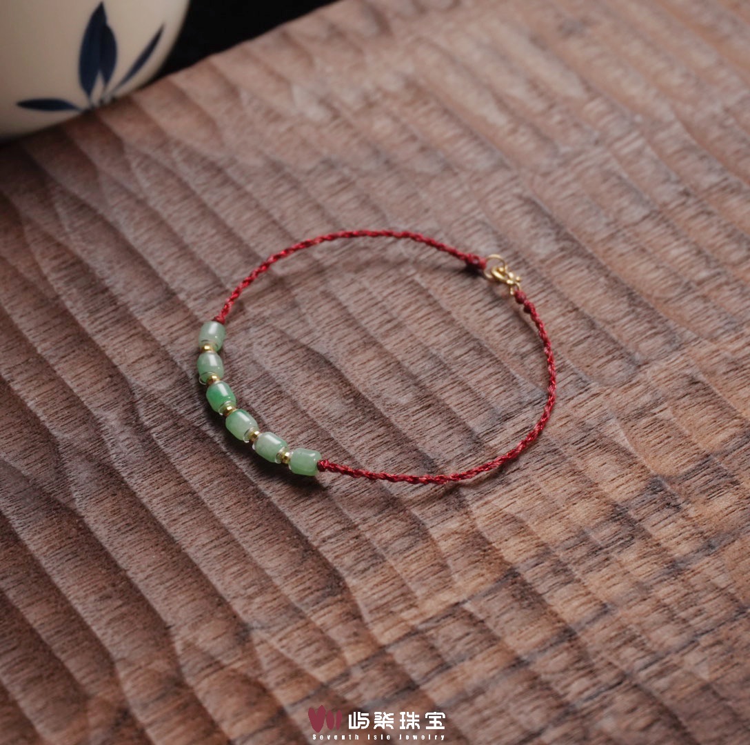 B669 翡翠18K镶嵌 缅料3m小绿桶珠红手绳 防跑