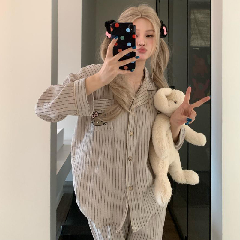 【摩卡条纹黑皮KT】秋天条纹长袖云朵绵卡通KT猫睡衣少女套装家居服