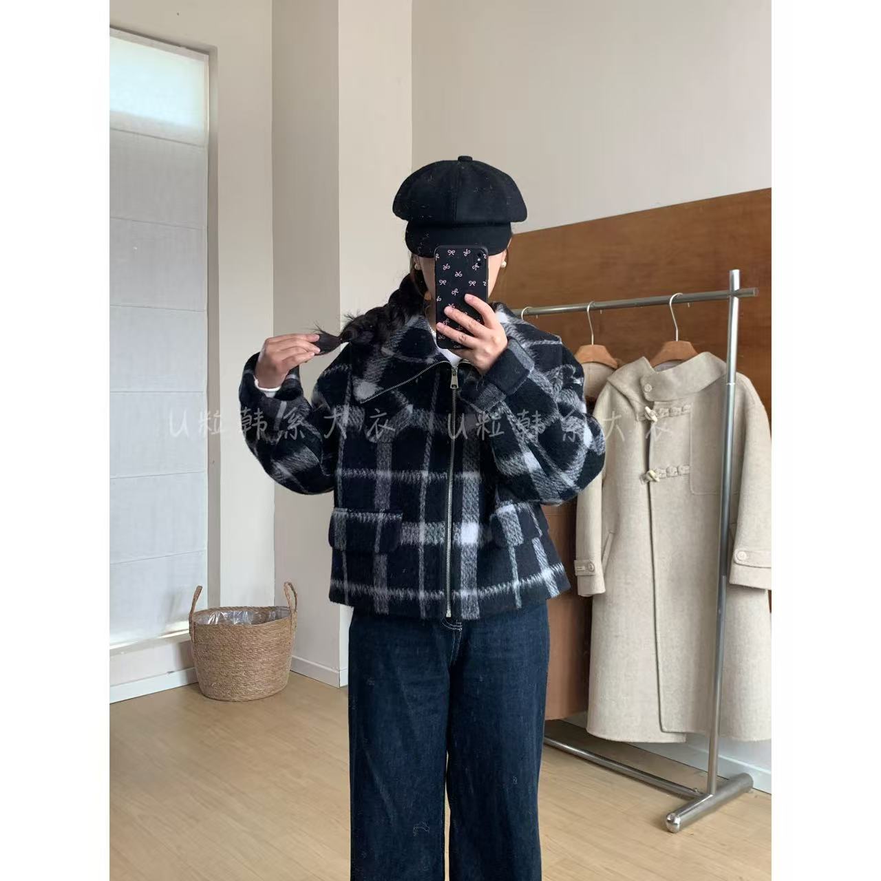 反季大促【黑白格】双面羊毛短款拉链韩版宽松休闲百搭格子大衣女