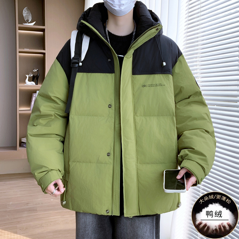 羽绒服青少年冬季新款撞色拼接韩版潮流连帽男生防寒白鸭羽绒服