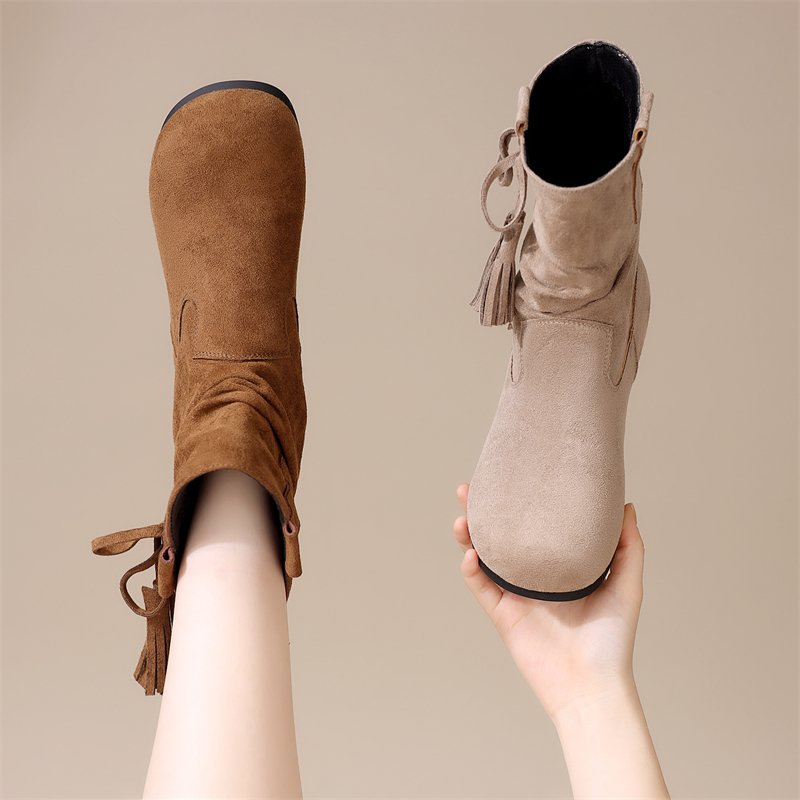 新款秋冬复古低跟堆堆靴女2025时尚配裙软底不累脚显瘦圆头马丁靴