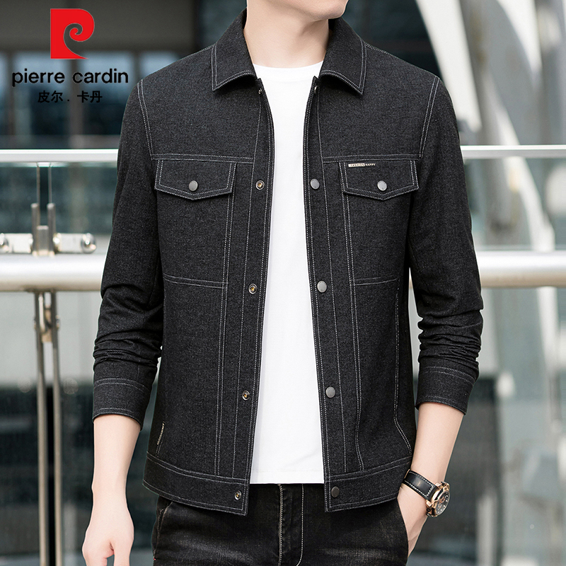 皮尔卡丹工装翻领夹克春秋季休闲时尚潮流帅气韩版短款百搭外套男