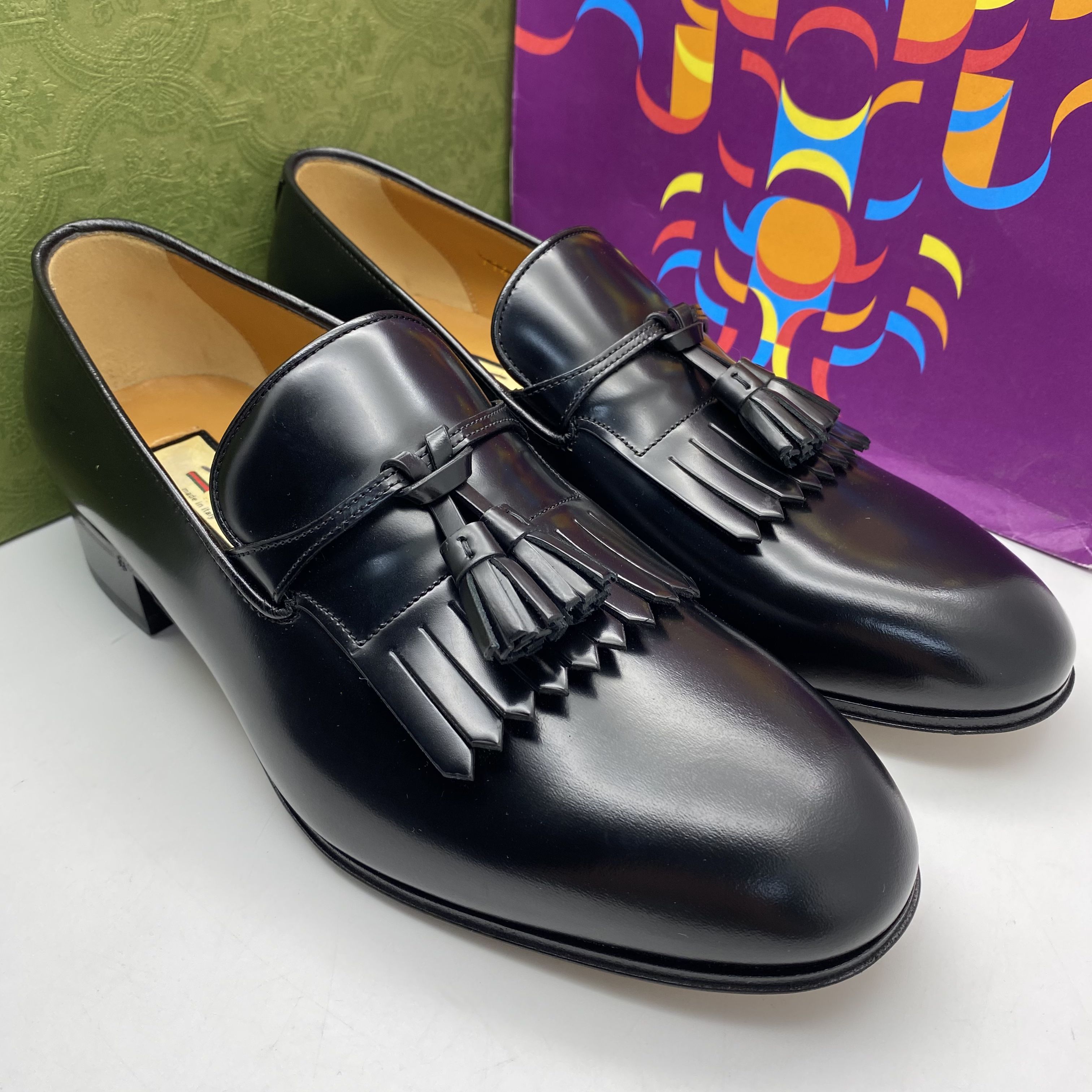 未使用 GUCCI/古驰 40.5欧码/商务男士舒适经典流苏款皮鞋/全套