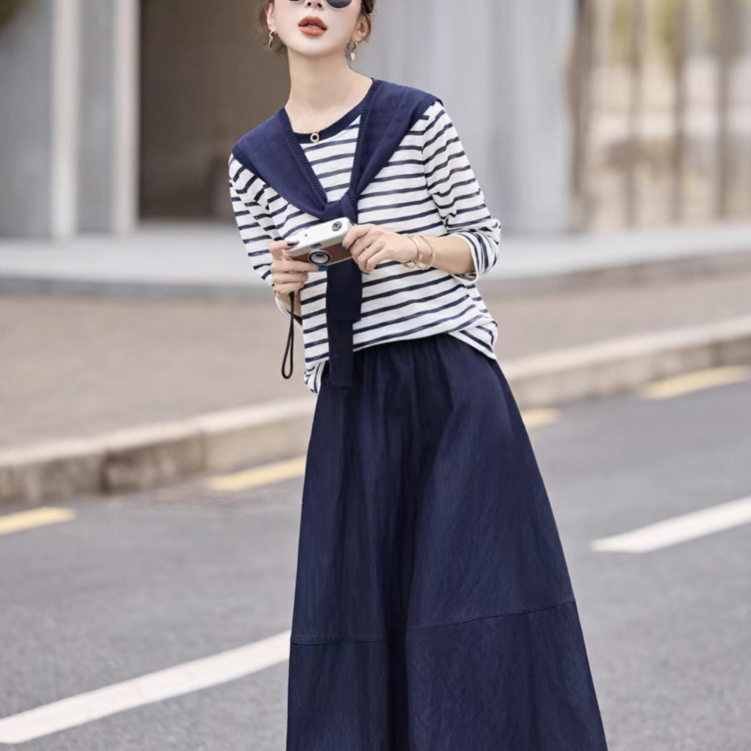 9118时尚条纹披肩上衣+半身裙两件套2025秋季新款洋气减龄套装