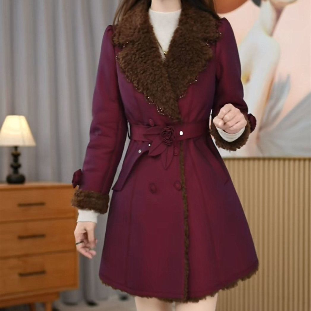 高档绒一体大衣冬新款加绒加厚奢华名媛西装领过膝保暖中长款外套
