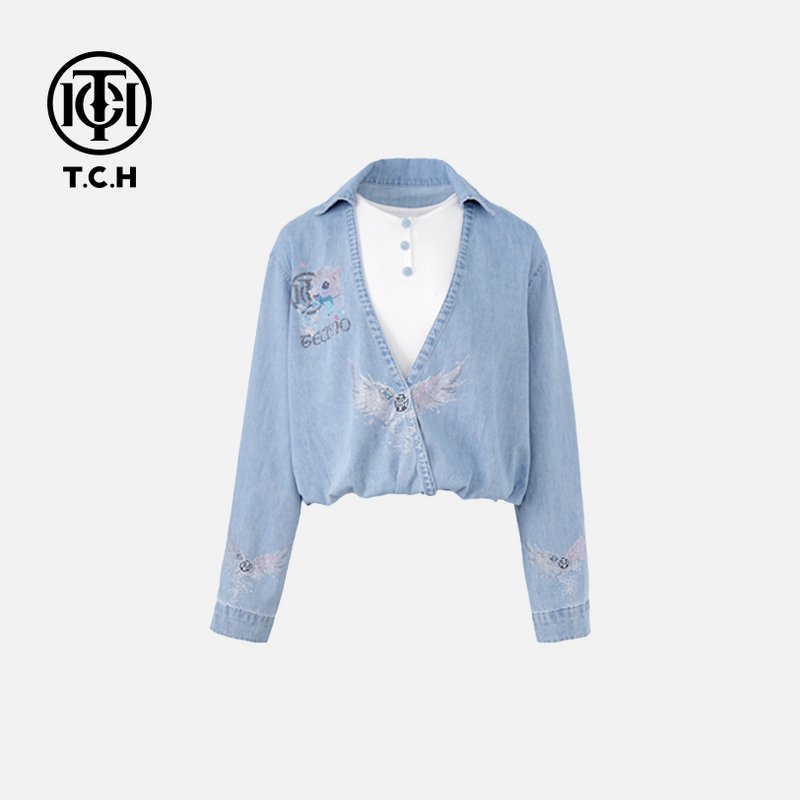 TCH现货私服烫钻百搭衬衣蓝色长袖牛仔衬衫女T75A13E5006轻奢tch