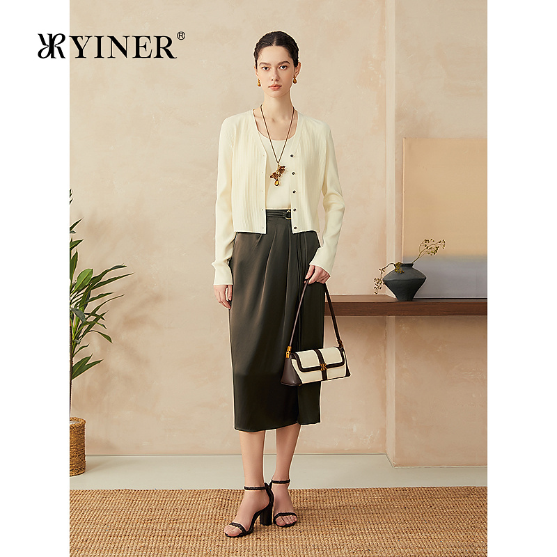 YINER音儿2025春季新款法式知性优雅深V领桑蚕丝混纺针织开衫