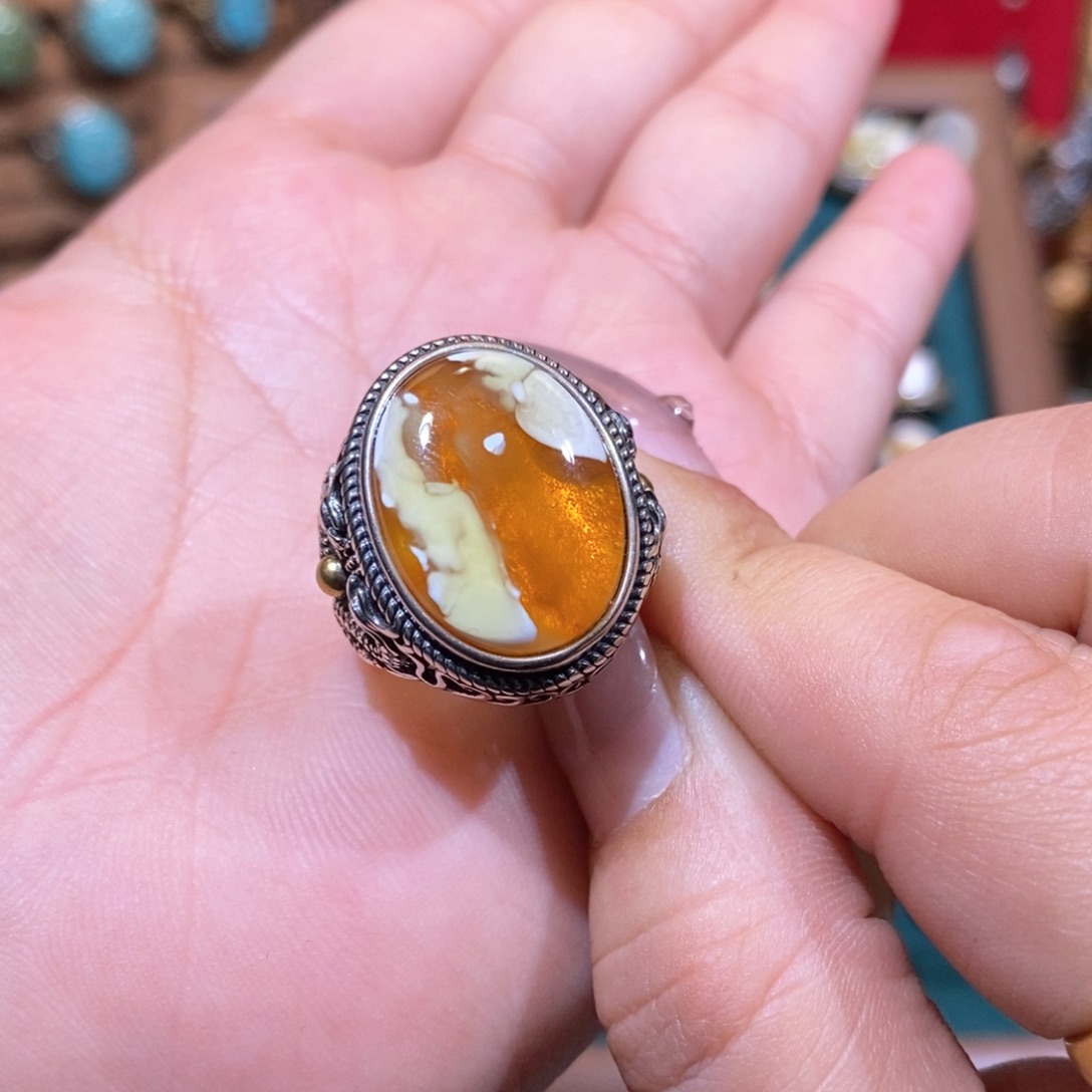 琥珀戒指银S925镶嵌K*戒指