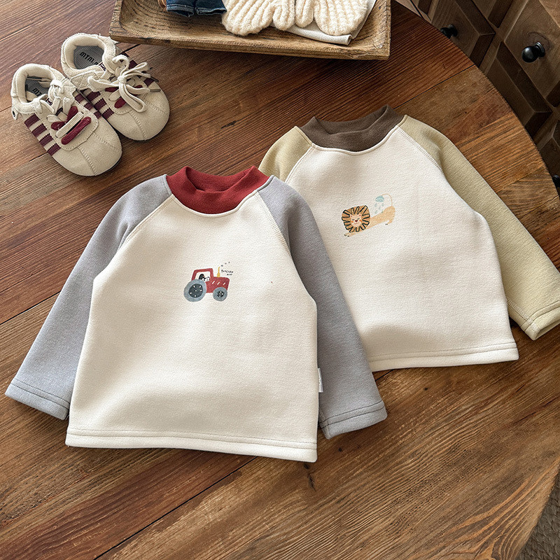 婴幼儿半高领打底衫蚕丝冬装新款男宝宝保暖百搭卡通长袖上衣 