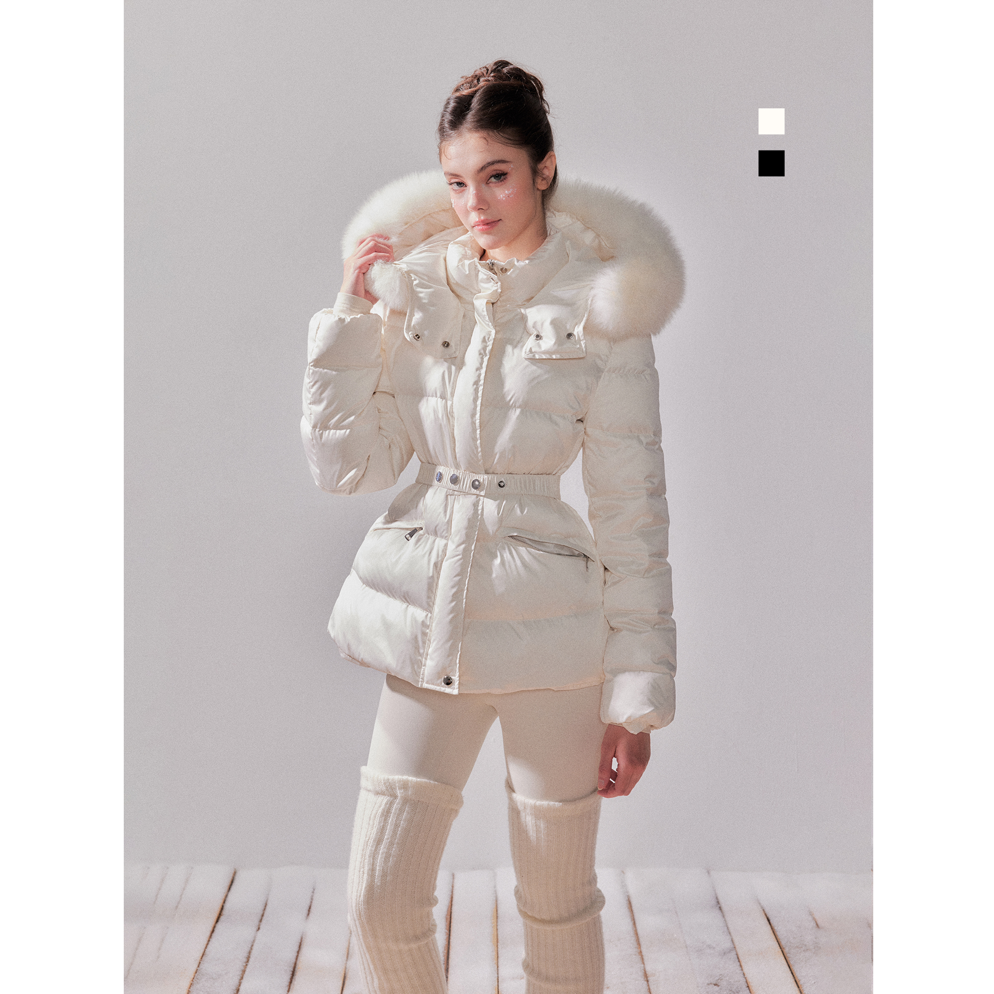 YZZIHE【雪绒轻羽】狐狸毛大毛领连帽收腰保暖短外套冬