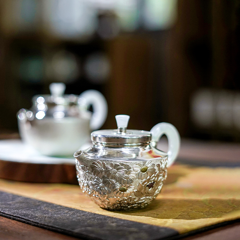 纯银999纯手工一张打银壶錾花饰金玉把泡茶壶家用茶具茶器 翠玉