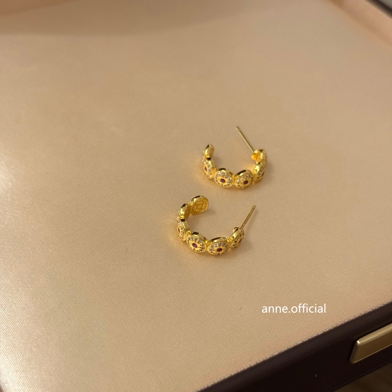 铜合金耳饰 小圆饼红锆钱币C型耳环【R625】
