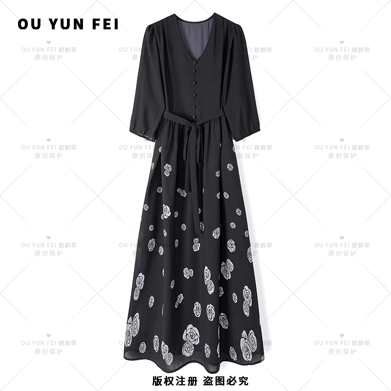 法式连衣裙女新款气质显瘦穿搭时尚洋气印花长裙AD1083