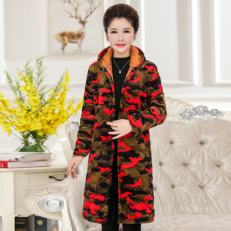 中长款连帽加绒保暖棉袄外套女棉服中老年妈妈装冬季罩衣家居服