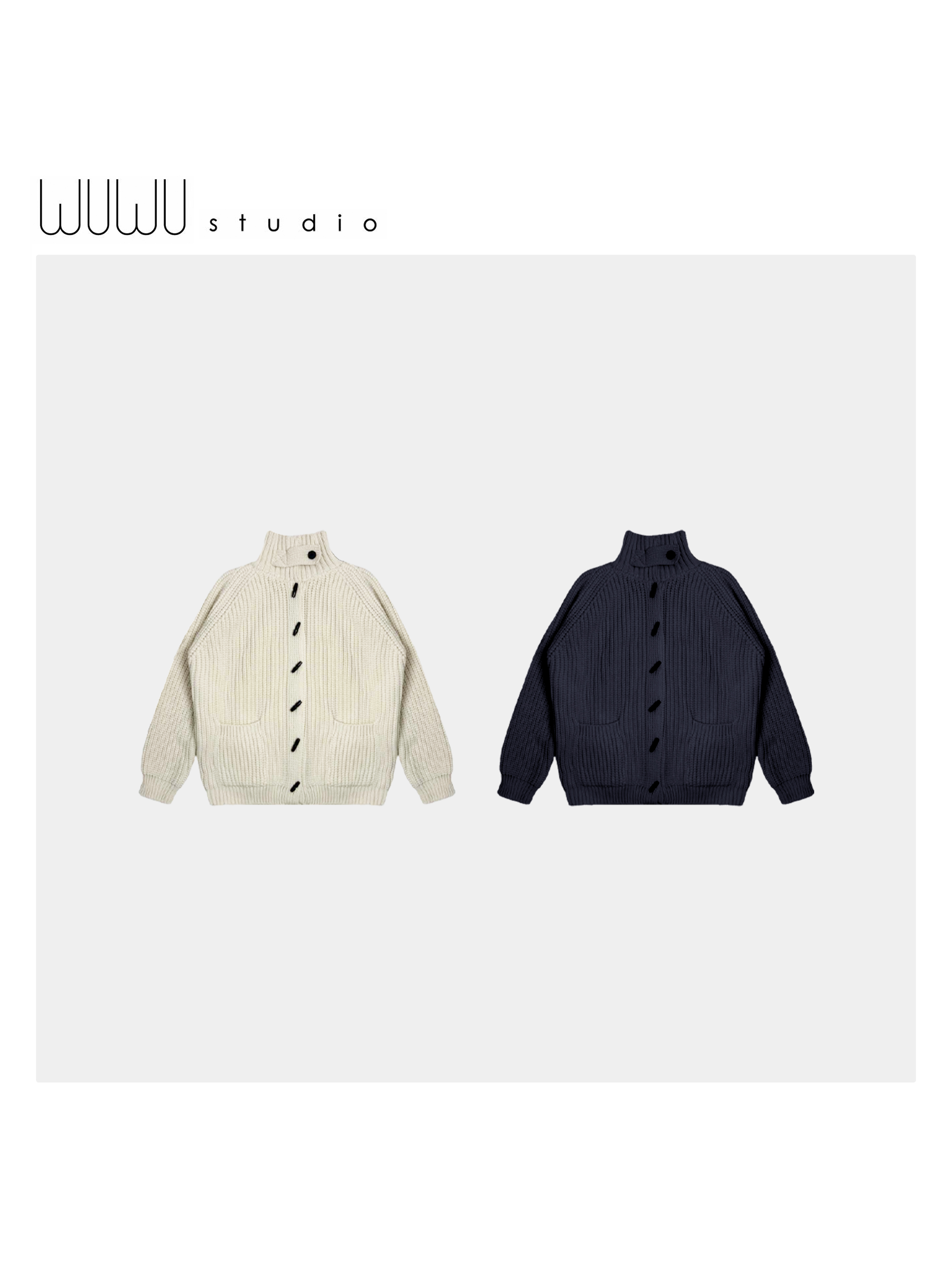 WUWU STUDIO【星回】简约慵懒感宽松牛角扣立领粗线针织外套3555
