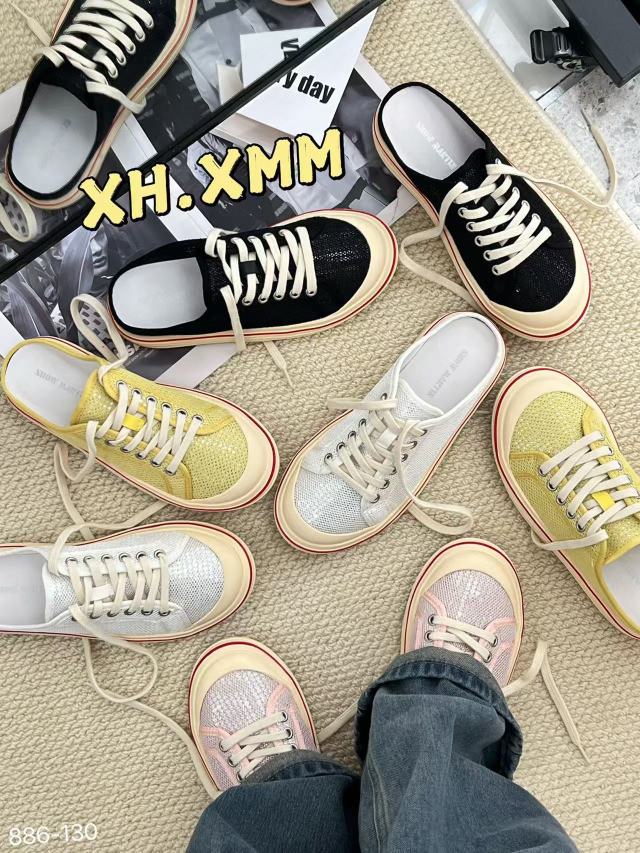 886-130限定原创色经典老钱风蔻式亮片布透气平底休闲鞋女半拖