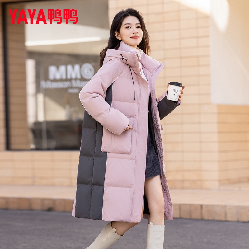 鸭鸭羽绒服女中长款过膝2025新款秋冬季撞色拼接时尚气质大气外套