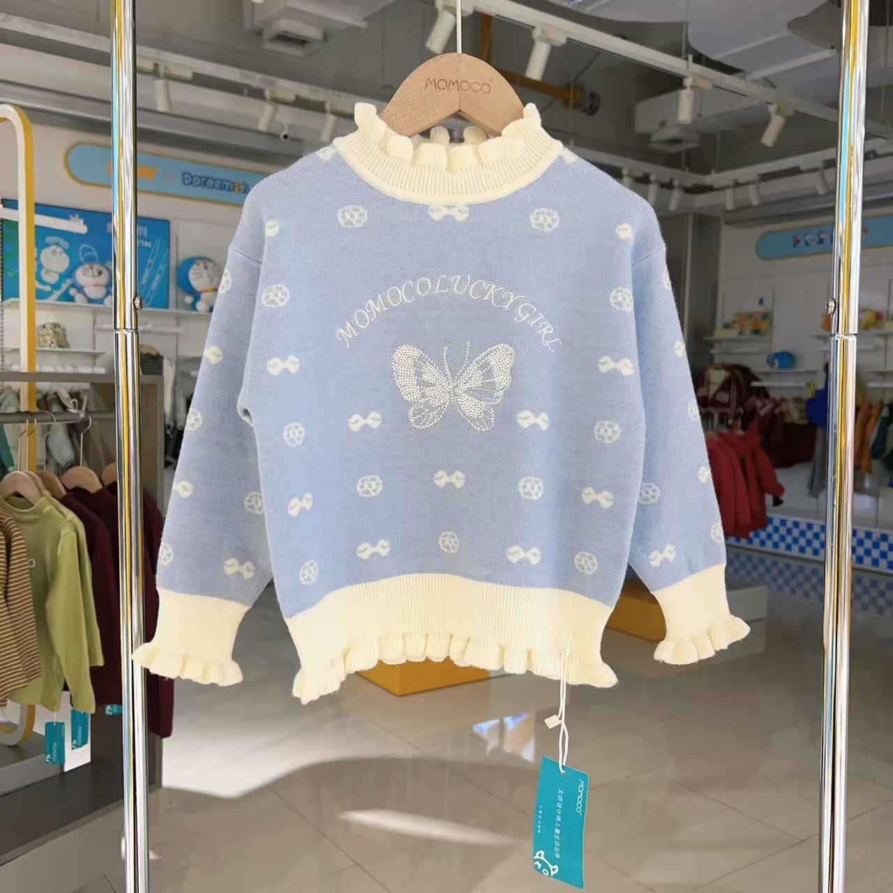 MOMOCO冬季女童甜美蝴蝶绣花亮片花边毛衣75830230091