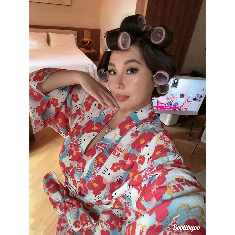 Boolibyoo Kittyちゃんの日 大码韩系甜妹印花纱棉系带居家服睡袍