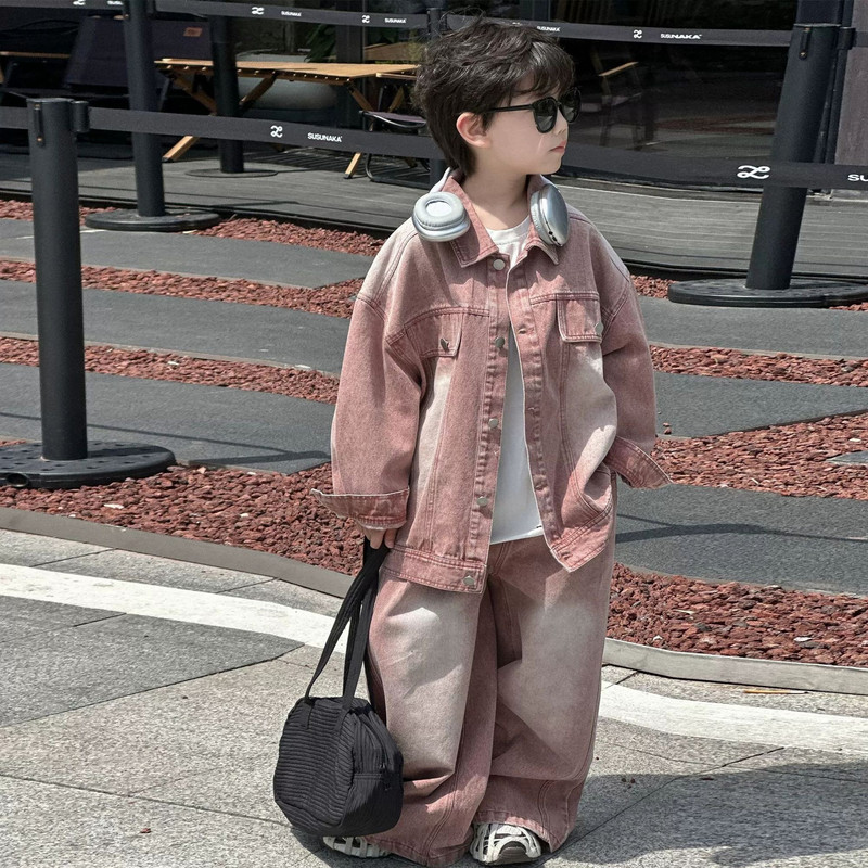 男童春秋牛仔套装2025新款儿童洋气痞帅时髦秋装男孩做旧两件套潮