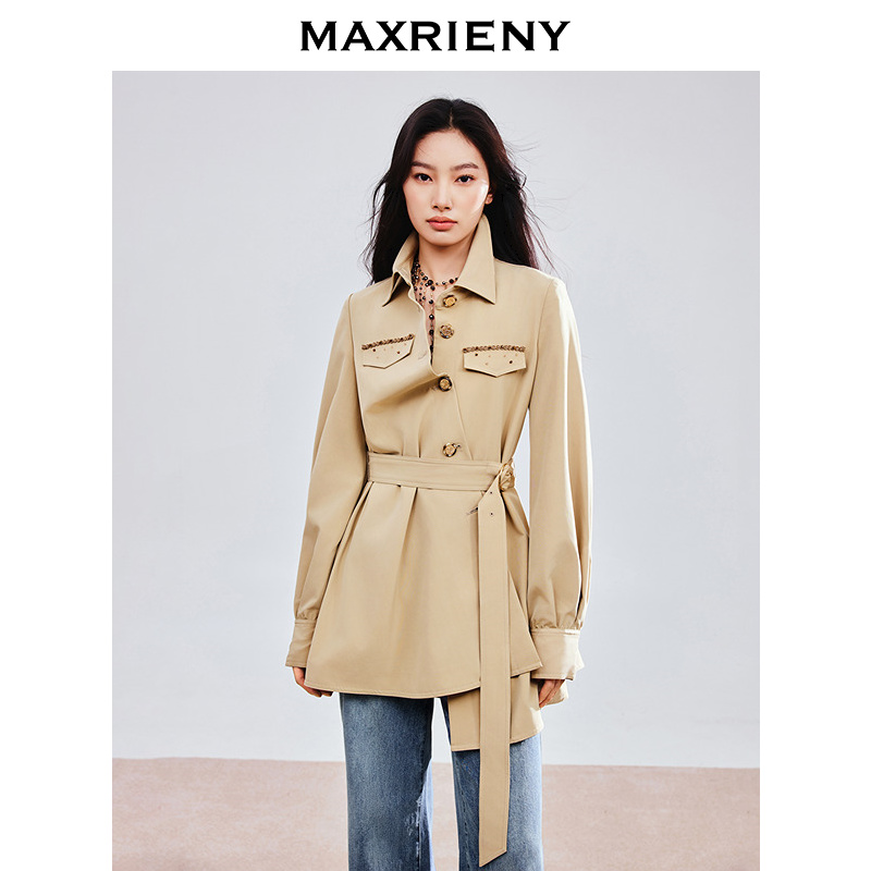 【KK专属】MAXRIENY风衣女2025春季新款圆形日字扣率性风收腰外套