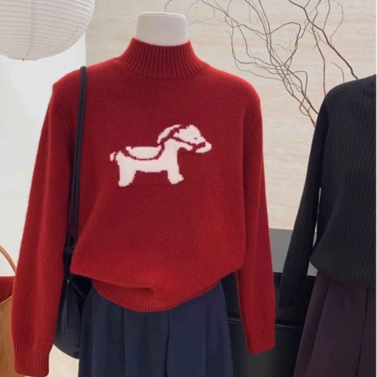 【80-180斤】新年毛衣小马提花针织衫秋冬慵懒风半高领打底衫上衣女