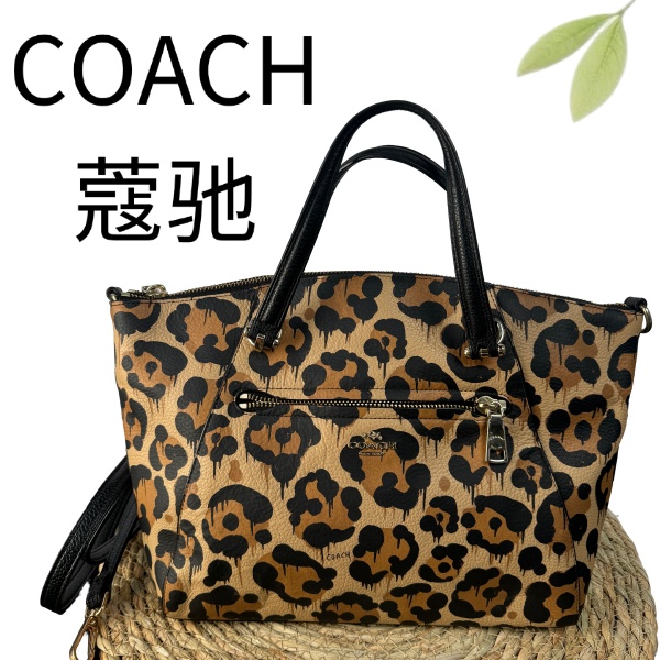 99新 COACH/蔻驰 奶茶色拼色印花饺子手提包G25127774底长26X23