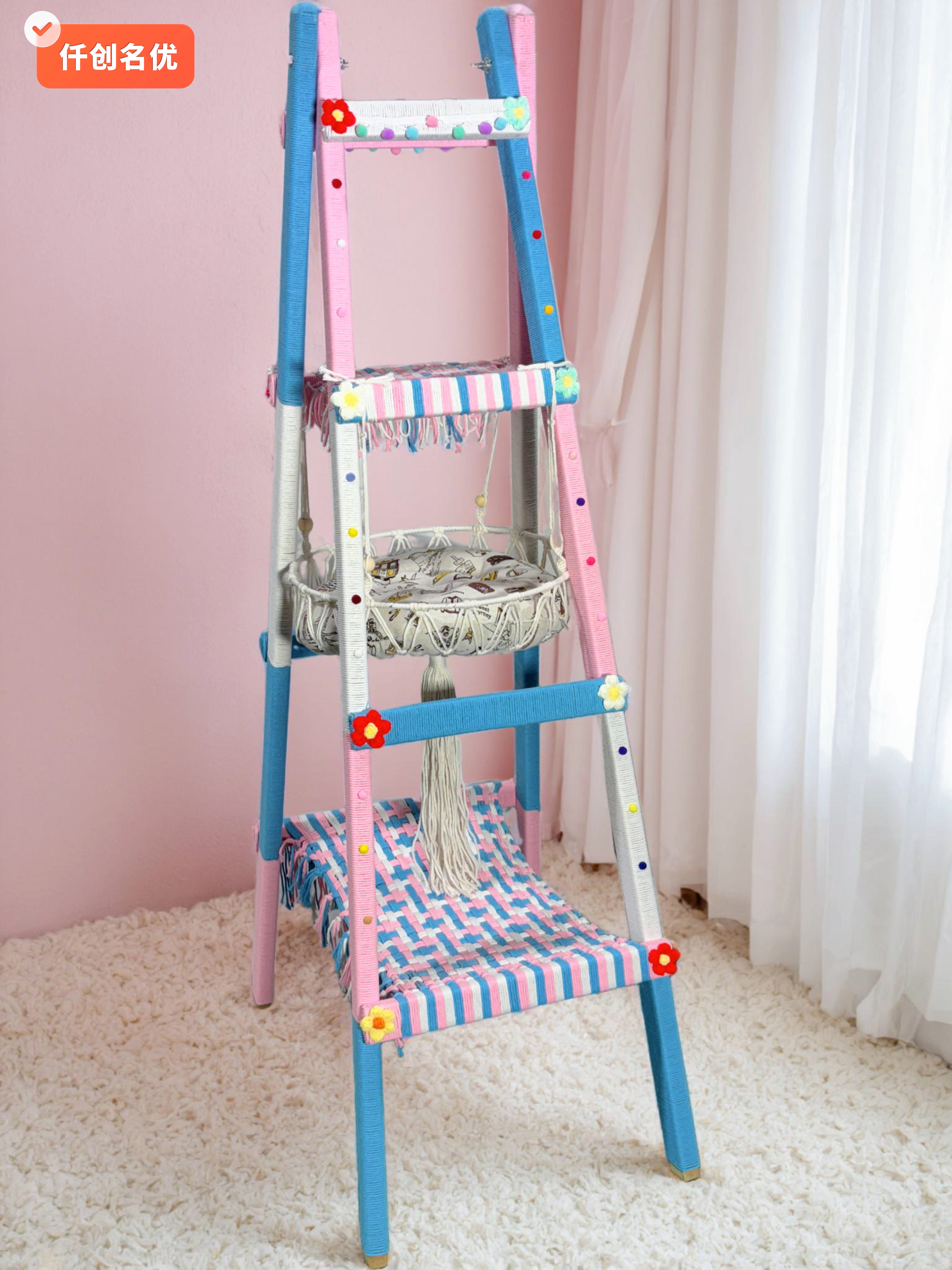 定制成品发货实木彩色麻绳猫爬架DIY猫爬架人字梯磨爪玩具猫树窝