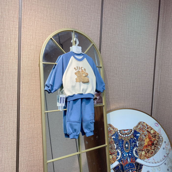 AH387  宝宝蓝色拼接加绒卫衣套装