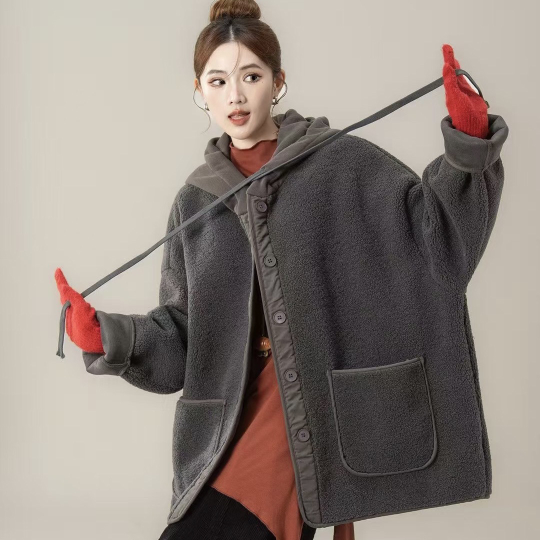 708连帽重榜颗粒羊羔毛外套