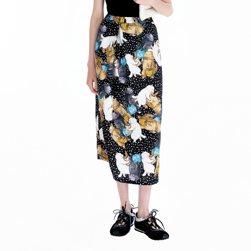 IIIVIVINIKO 2025SS"亚麻混纺"猫咪印花直筒裙R520702188D