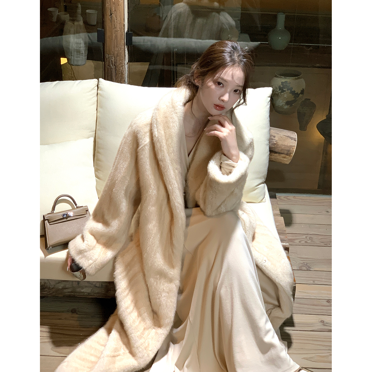 从一时刻 青果领环保皮草毛毛外套高奢感秋冬长款大衣CY-W25317